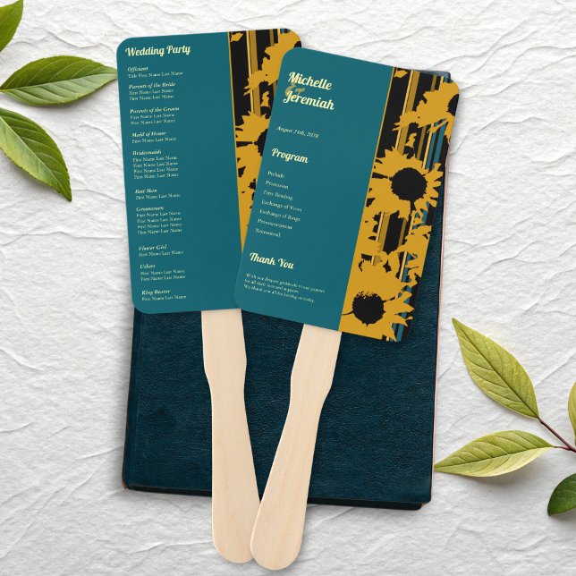 Éventail Programme de mariage moderne tournesol sarcelle or (Créateur téléchargé)