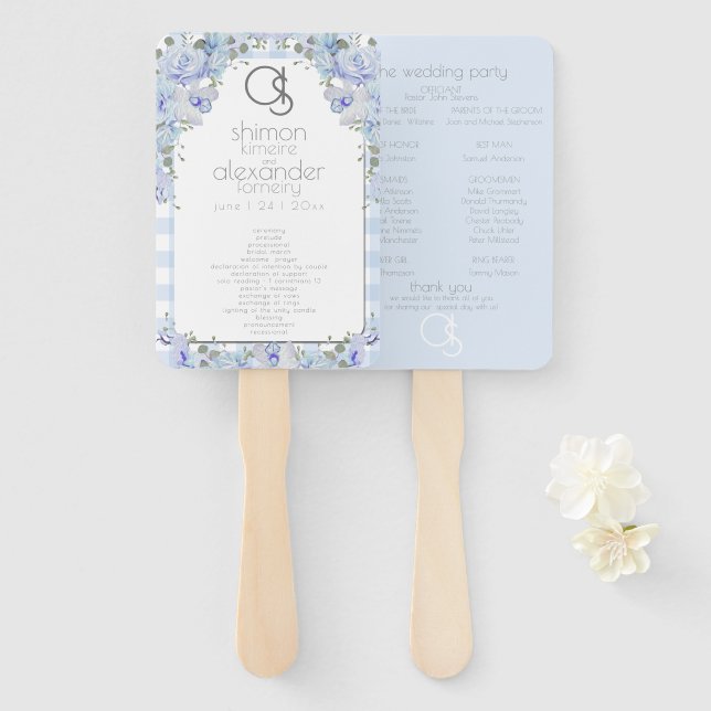 Éventail Programme de mariage | Monogramme bleu En vichy fl (Devant et derrière)