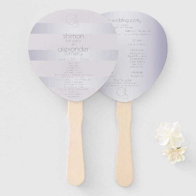 Éventail Programme de mariage | Monogramme de bandes d'arge (Devant et derrière)