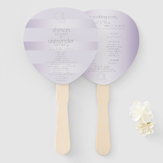 Éventail Programme de mariage | Monogramme Lilac Shimmer St (Devant et derrière)
