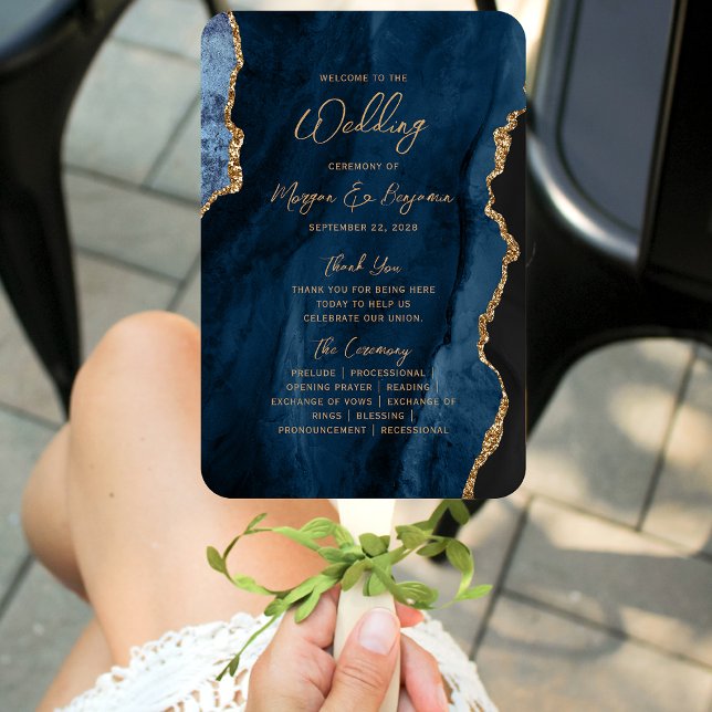 Éventail Programme de mariage Navy Blue Gold Agate Script (Créateur téléchargé)