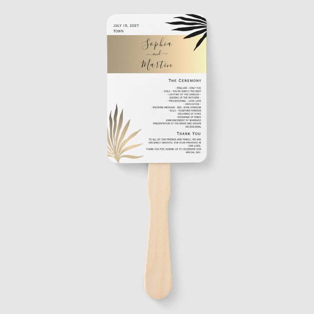 Éventail Programme de mariage noir et blanc or Ventilateur  (Devant)