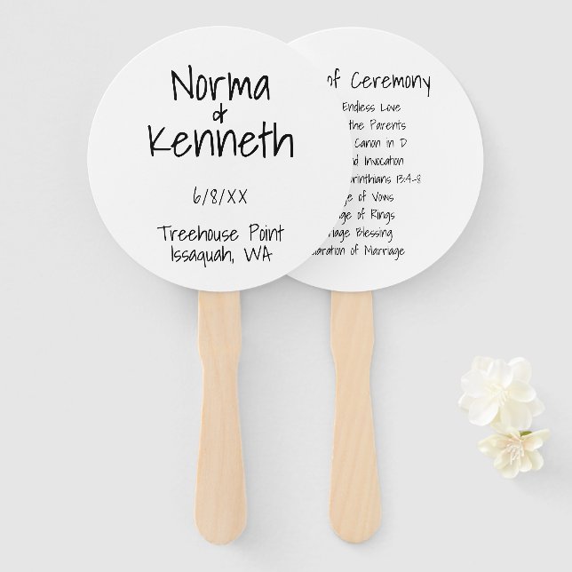 Éventail Programme de mariage noir et blanc simple (Devant et derrière)