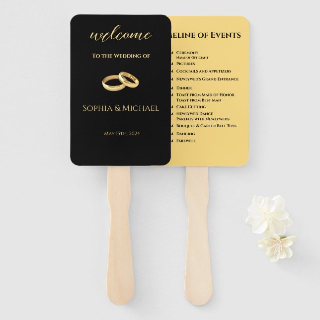 Éventail Programme de mariage noir et or- (Devant et derrière)