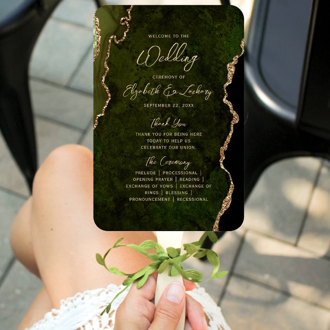 Éventail Programme de mariage Olive Green Gold Agate Script (Créateur téléchargé)