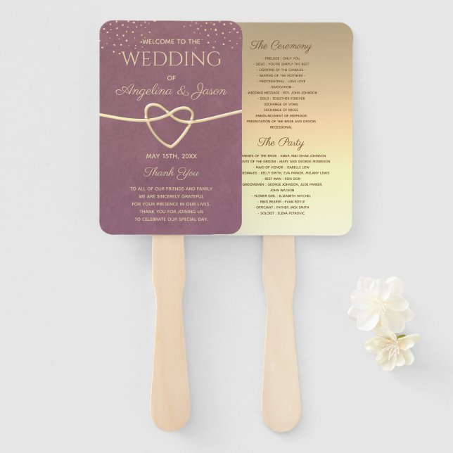 Éventail Programme de mariage or et violet (Devant et derrière)