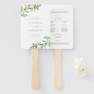 Éventail Programme de mariage or Fleurs blanches et verdure