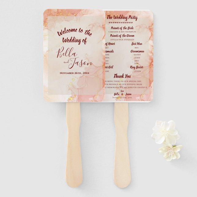 Éventail Programme de mariage Peach Gold Orange Marble Part (Devant et derrière)