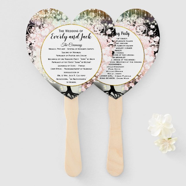 Éventail Programme de mariage pour les feuilles de coeur ro (Devant et derrière)
