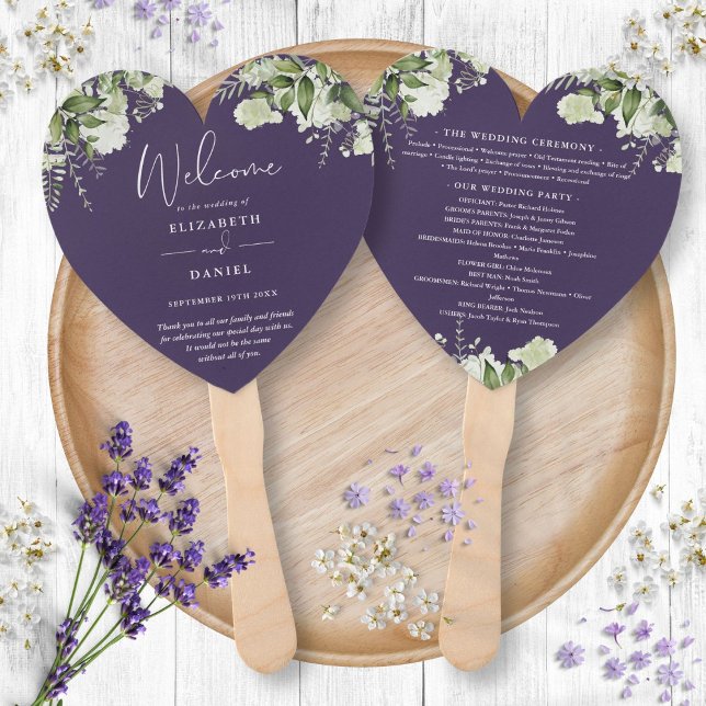 Éventail Programme de mariage Purple Greenery Heart (Purple Greenery Wedding Program Heart Hand Fan)