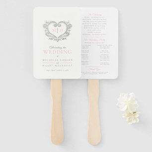 Éventail Programme de mariage rose et blanc du coeur argent