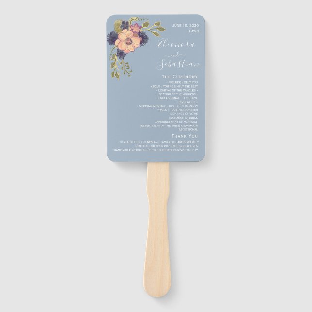 Éventail Programme de mariage rose et bleu roux Ventilateur (Devant)