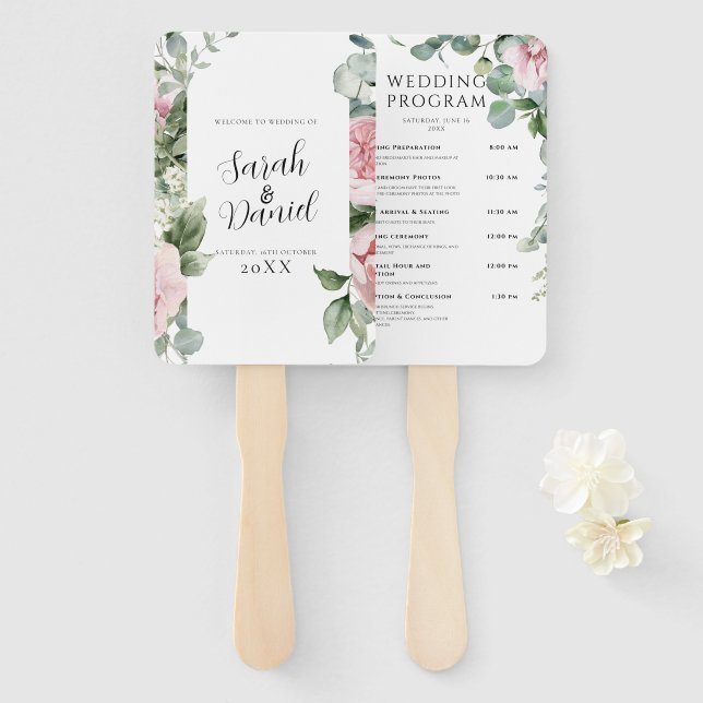 Éventail Programme de mariage rose floral Aquarelle (Devant et derrière)
