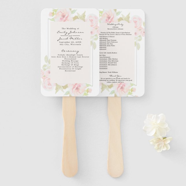 Éventail Programme de mariage rose fluo floral aquarelle (Devant et derrière)