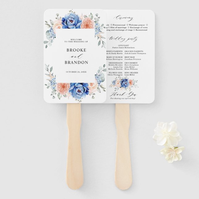 Éventail Programme de mariage rose pâle Dusty bleu marine (Devant et derrière)