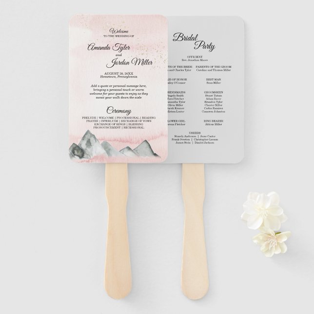 Éventail Programme de mariage rose Sunrise Mountain Ventila (Devant et derrière)