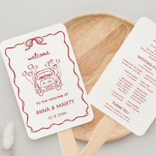 Éventail Programme de mariage rouge avec dessin rétro illus