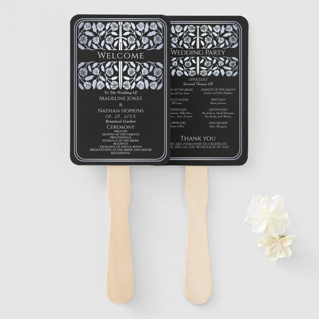 Éventail Programme de mariage royal Black Silver Sword (Devant et derrière)