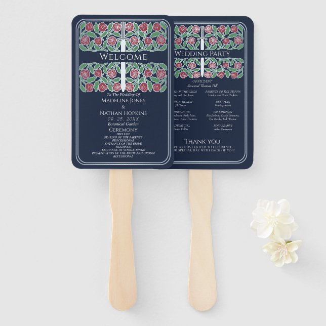 Éventail Programme de mariage royal Épée florale Argent Ble (Devant et derrière)