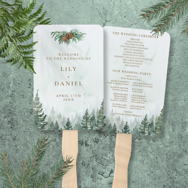 Éventail Programme de mariage rustique de la forêt de pins  (Rustic Watercolor Pine Forest Wedding Program Hand Fan)