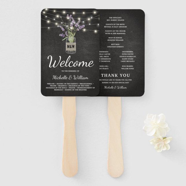 Éventail Programme de mariage rustique en pot de fleurs de  (Devant et derrière)