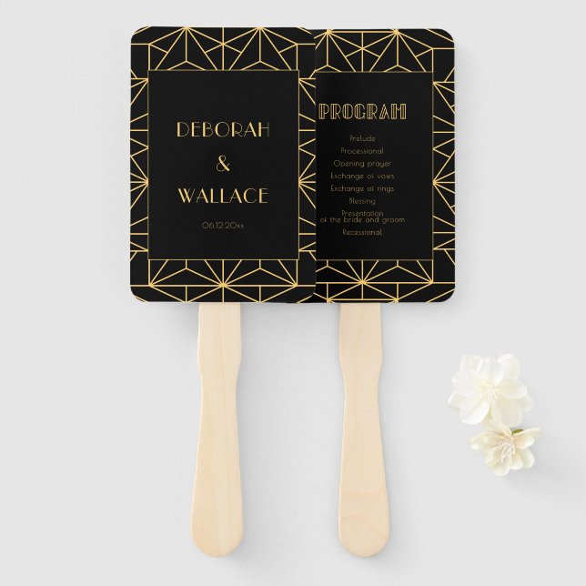 Éventail programme de mariage simple art déco des années 19 (Devant et derrière)