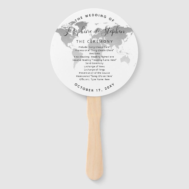Éventail Programme de mariage sur la carte du monde d'argen (Devant)