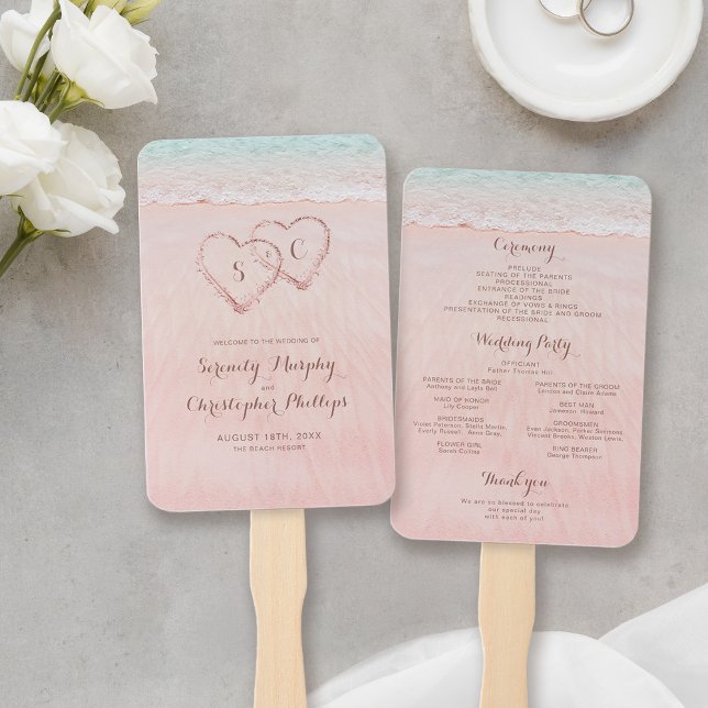 Éventail Programme de mariage sur la plage aux coeurs roses (Pink hearts in the sand beach wedding program hand fan)