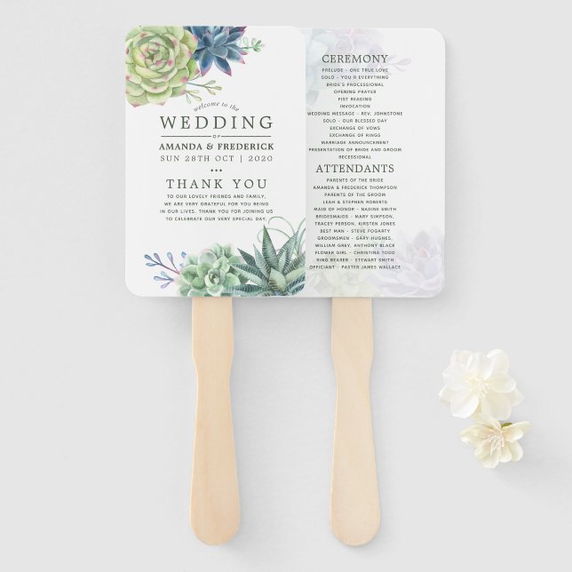 Éventail Programme de mariage sur le thème des cactus succu (Devant et derrière)