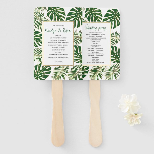Éventail Programme de mariage tropical feuille vert et or (Devant et derrière)