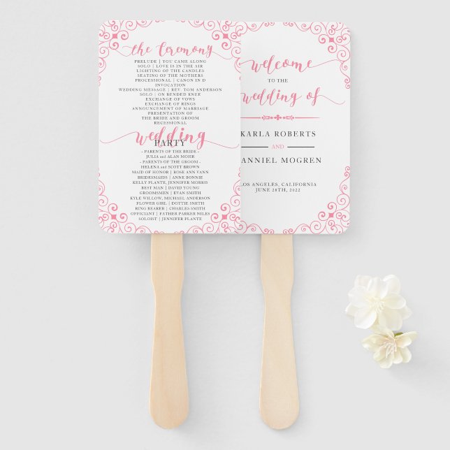 Éventail "Programme de mariage" Typographie rose et cadre V (Devant et derrière)
