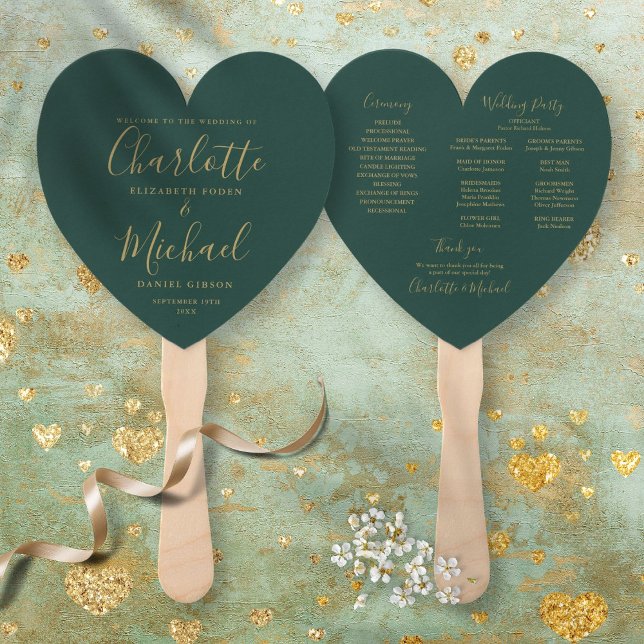 Éventail Programme de mariage vert émeraude et or en forme  (Emerald Green And Gold Wedding Program Heart Hand Fan)