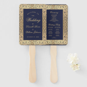 Éventail Programme de mariage vintage Rose en or bleu marin