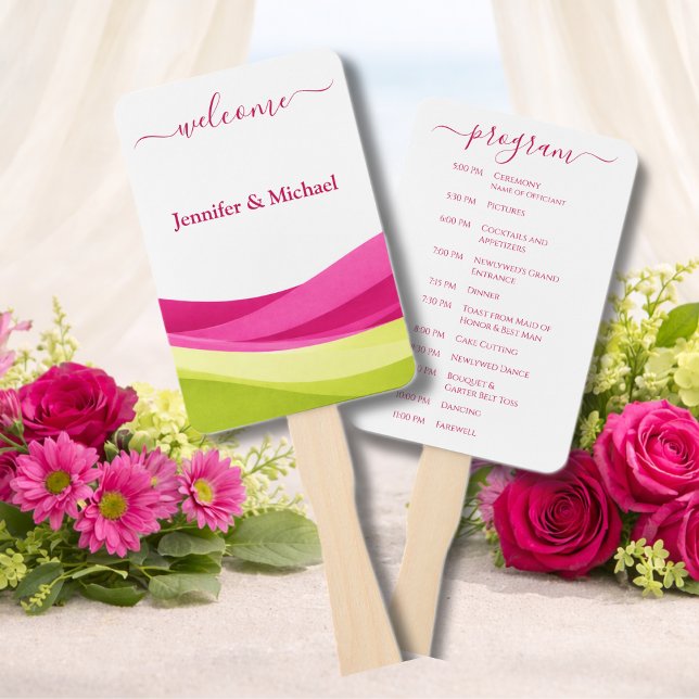 Éventail Programme de ventilateur de mariage Fuchsia et ver (Fuchsia and Lime Green Wedding Fan Program)