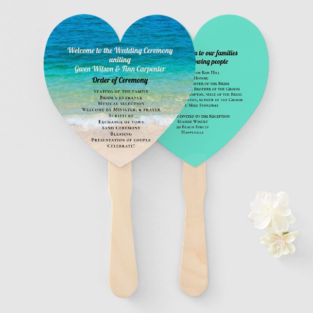 Éventail Programme de ventilateur Mariage en forme de coeur (Devant et derrière)