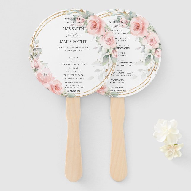 Éventail Programme Delicate Blush Rose Floral Gold Wedding (Devant et derrière)