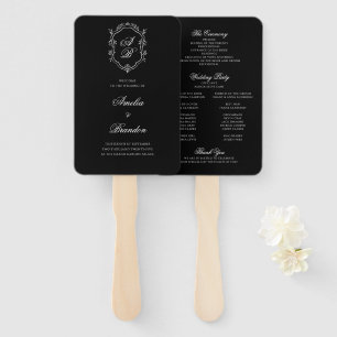 Éventail Programme Formel Black Floral Monogram Crest Weddi