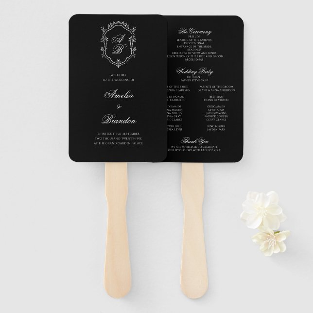 Éventail Programme Formel Black Floral Monogram Crest Weddi (Devant et derrière)