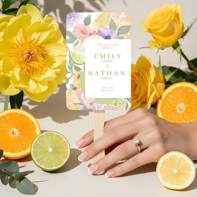 Éventail Programme Mariage d'aquarelle pour les fruits et l (Citrus Fruit & Florals Wedding Watercolor Program Hand Fan)