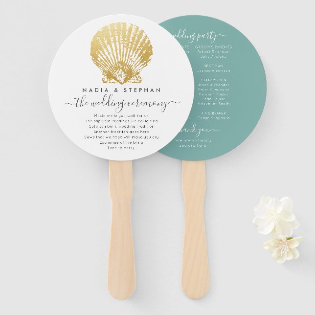 Éventail Programme minimal de mariage Gold et Turquoise Sea (Devant et derrière)