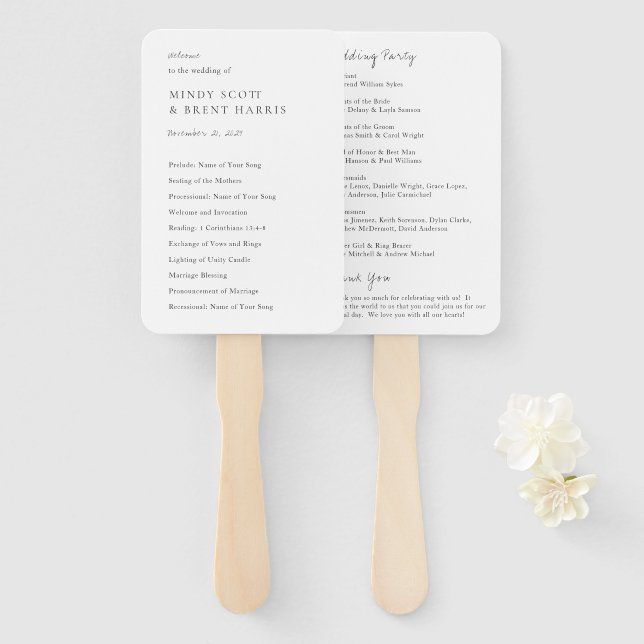 Éventail Programme minimaliste de mariage moderne noir et b (Devant et derrière)