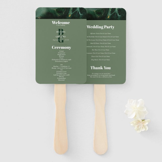 Éventail Programme moderne de mariage de marbre vert (Devant et derrière)