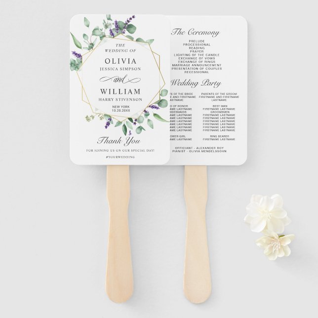 Éventail Programme moderne de mariage Eucalyptus Foliage (Devant et derrière)
