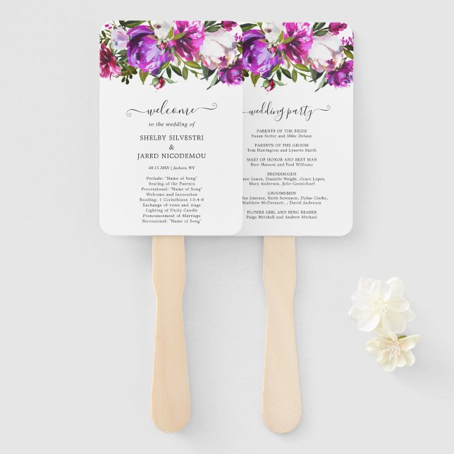 Éventail Programme moderne de mariage floral violet moderne (Devant et derrière)