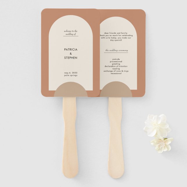 Éventail Programme moderne de mariage géométrique Boho Arch (Devant et derrière)