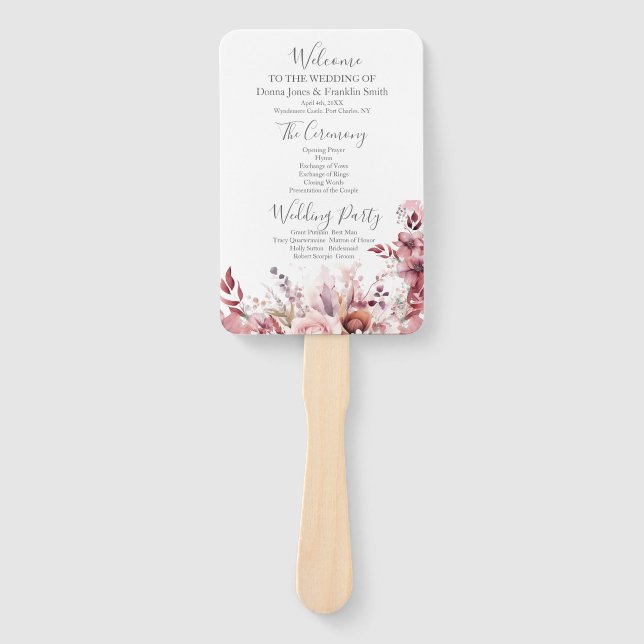 Éventail Programme moderne de mariage rose Rose Dusty (Devant)