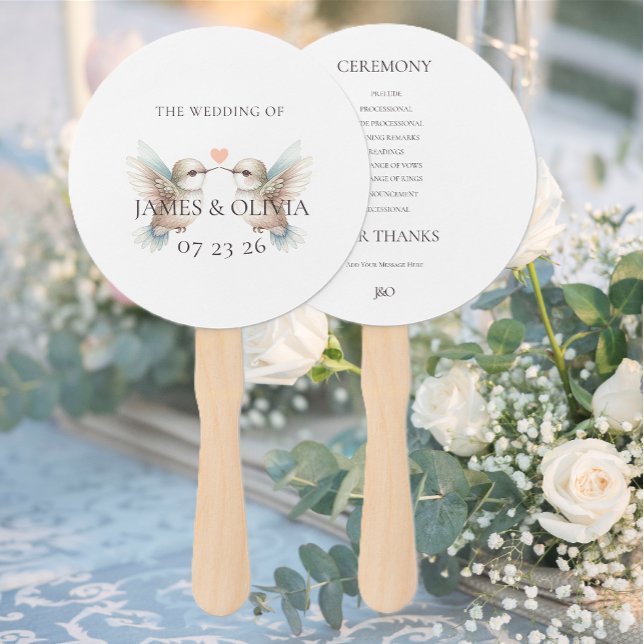 Éventail Programme personnalisé de mariage des colibris ado (Custom Adorable Hummingbird Wedding Program Hand Fans)