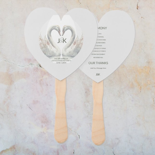 Éventail Programme personnalisé de mariage des cygnes Venti (Personalized Swan Wedding Program Hand Fans (front and back))