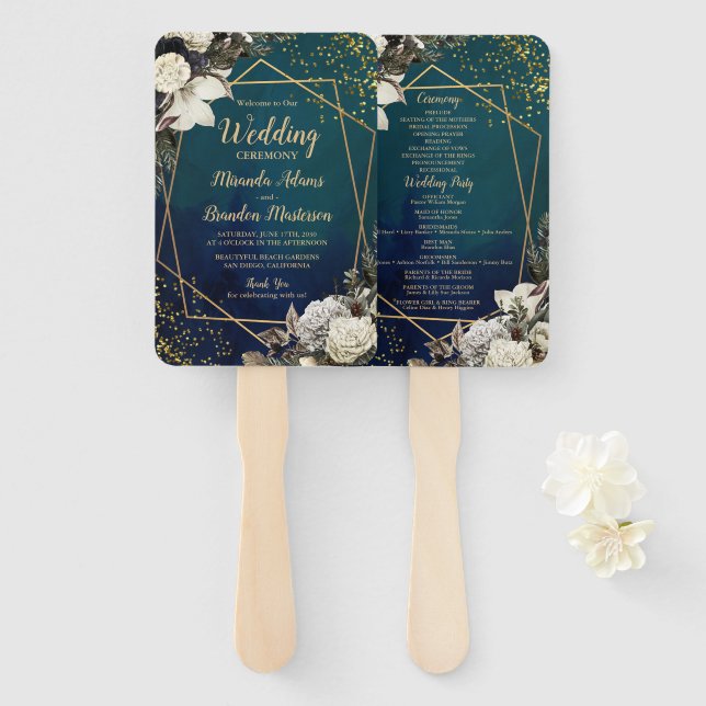 Éventail Programme Romantique Floral Gold Wreath Wedding (Devant et derrière)