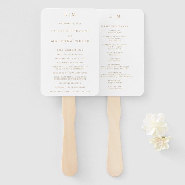 Éventail Programme simple de mariage de monogramme d'or ant (Devant et derrière)